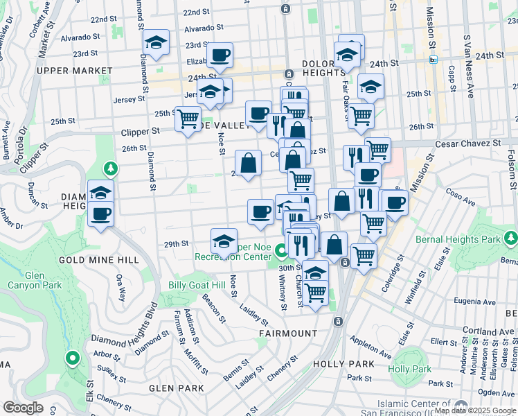 map of restaurants, bars, coffee shops, grocery stores, and more near 340 Valley Street in San Francisco