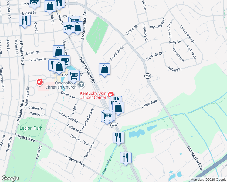 map of restaurants, bars, coffee shops, grocery stores, and more near 1401 Bowie Trail in Owensboro