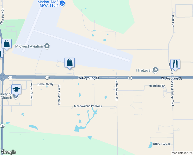 map of restaurants, bars, coffee shops, grocery stores, and more near 3959-4129 West Deyoung Street in Marion