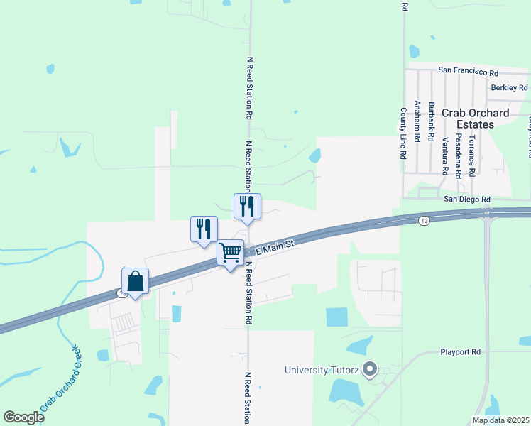 map of restaurants, bars, coffee shops, grocery stores, and more near Meadville Lane in Carbondale