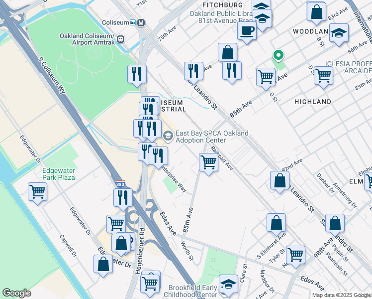 map of restaurants, bars, coffee shops, grocery stores, and more near 8401 Baldwin Street in Oakland
