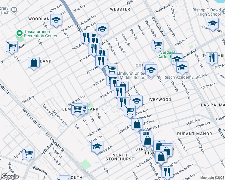 map of restaurants, bars, coffee shops, grocery stores, and more near 9639 International Boulevard in Oakland
