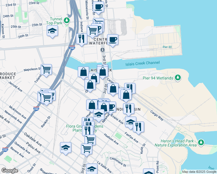map of restaurants, bars, coffee shops, grocery stores, and more near 1580 Burke Avenue in San Francisco