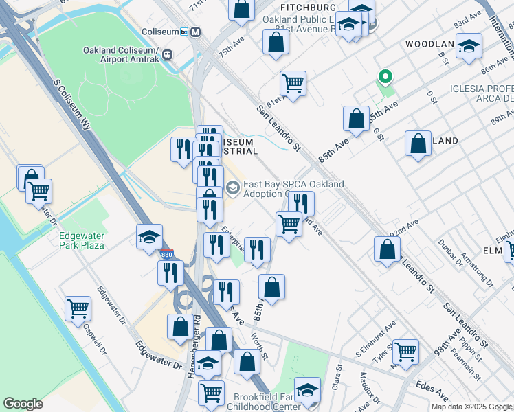 map of restaurants, bars, coffee shops, grocery stores, and more near 8401 Baldwin Street in Oakland