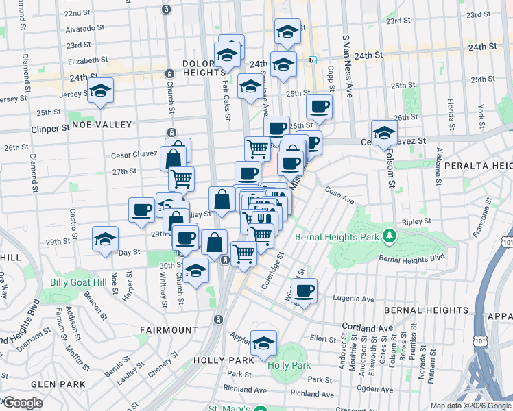 map of restaurants, bars, coffee shops, grocery stores, and more near in San Francisco