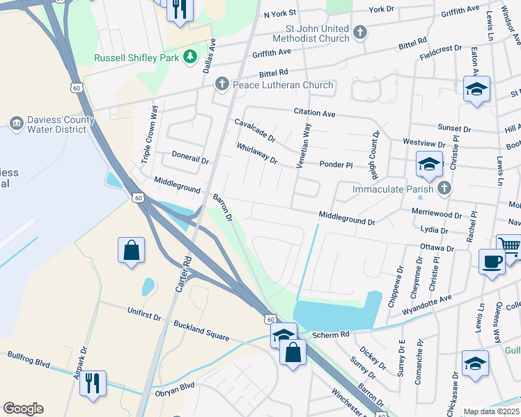 map of restaurants, bars, coffee shops, grocery stores, and more near 2428 Middleground Drive in Owensboro