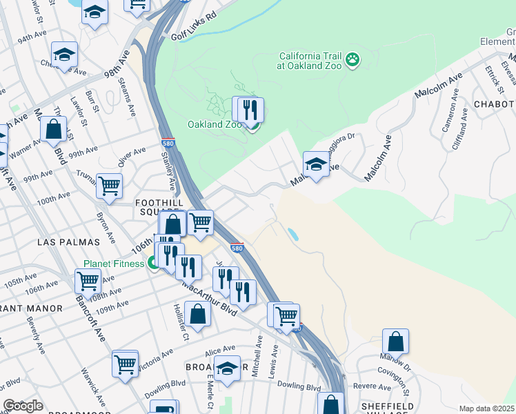 map of restaurants, bars, coffee shops, grocery stores, and more near 10768 Sheldon Street in Oakland