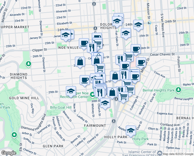 map of restaurants, bars, coffee shops, grocery stores, and more near 1604 Church Street in San Francisco
