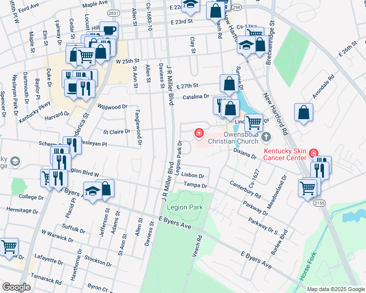 map of restaurants, bars, coffee shops, grocery stores, and more near 2967 Mcalister Pl in Owensboro