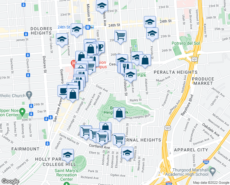 map of restaurants, bars, coffee shops, grocery stores, and more near Shotwell St & Stoneman St in San Francisco