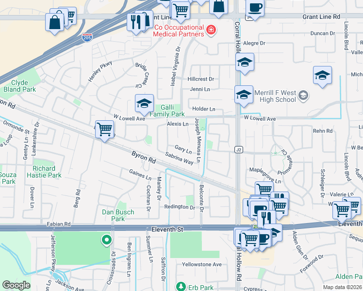map of restaurants, bars, coffee shops, grocery stores, and more near 2274 Gary Lane in Tracy
