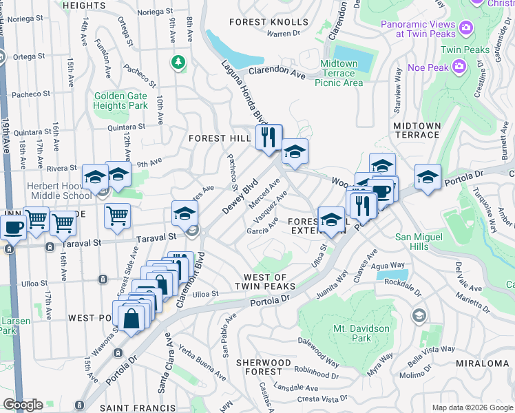 map of restaurants, bars, coffee shops, grocery stores, and more near 145 Vasquez Avenue in San Francisco