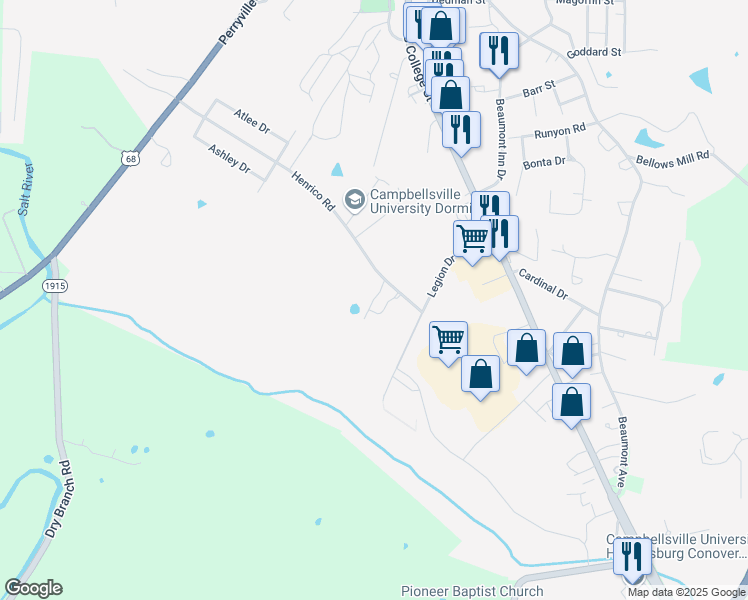 map of restaurants, bars, coffee shops, grocery stores, and more near Ava Drive in Harrodsburg