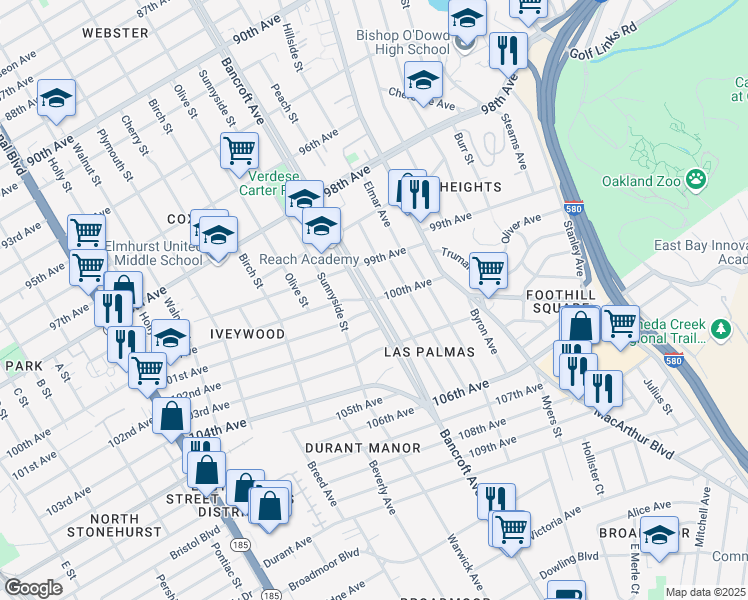 map of restaurants, bars, coffee shops, grocery stores, and more near Bancroft Avenue & 100th Avenue in Oakland