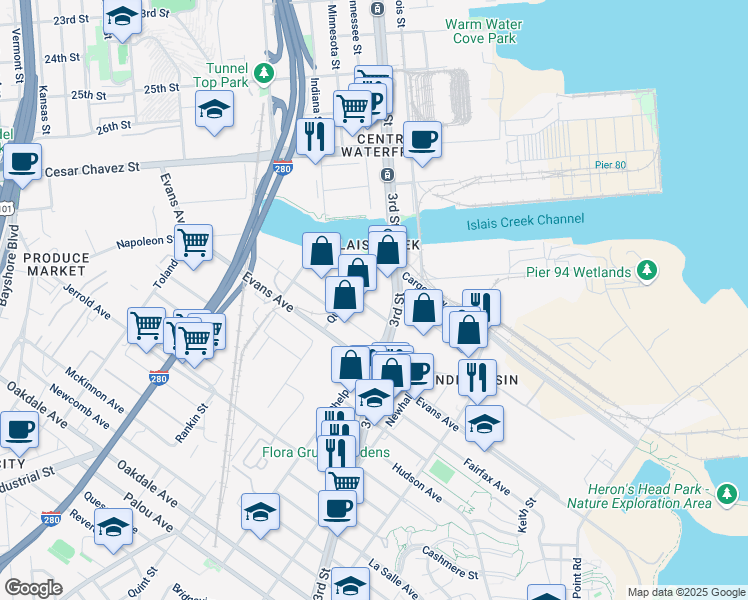 map of restaurants, bars, coffee shops, grocery stores, and more near 3600 3rd Street in San Francisco