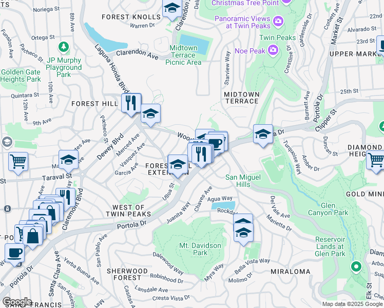 map of restaurants, bars, coffee shops, grocery stores, and more near 44 Ulloa Street in San Francisco