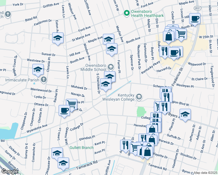 map of restaurants, bars, coffee shops, grocery stores, and more near 2631 South Griffith Avenue in Owensboro