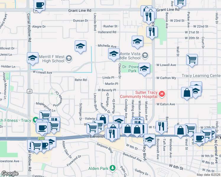 map of restaurants, bars, coffee shops, grocery stores, and more near 1430 Jeffrey Drive in Tracy