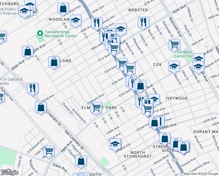 map of restaurants, bars, coffee shops, grocery stores, and more near 9534 B Street in Oakland