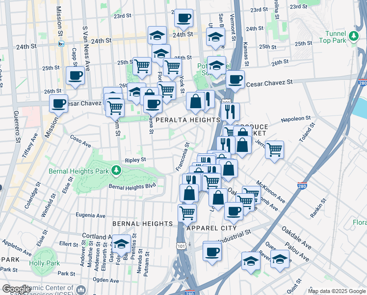 map of restaurants, bars, coffee shops, grocery stores, and more near 335 Franconia Street in San Francisco