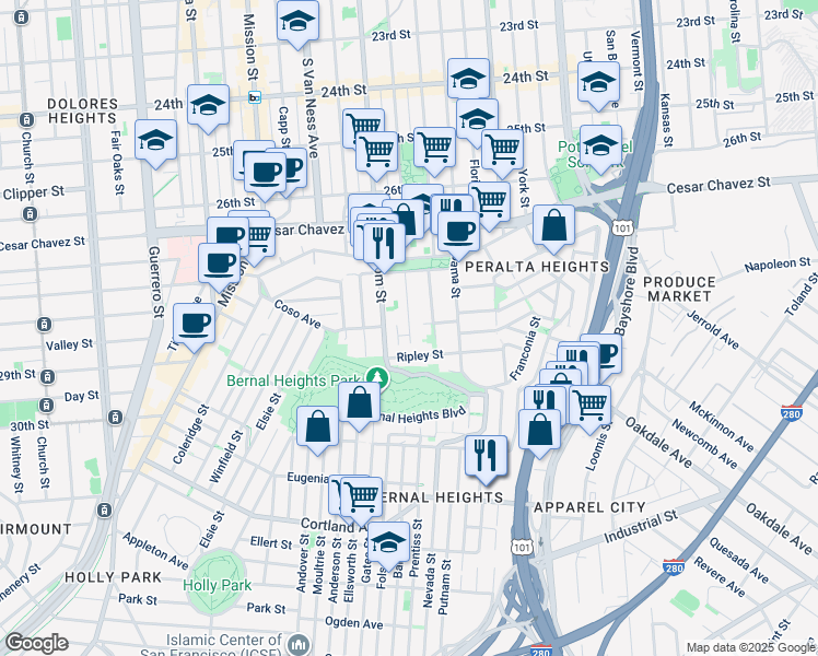 map of restaurants, bars, coffee shops, grocery stores, and more near 145 Ripley Street in San Francisco