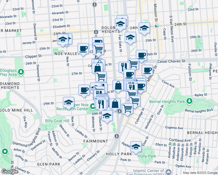 map of restaurants, bars, coffee shops, grocery stores, and more near 121 Valley Street in San Francisco