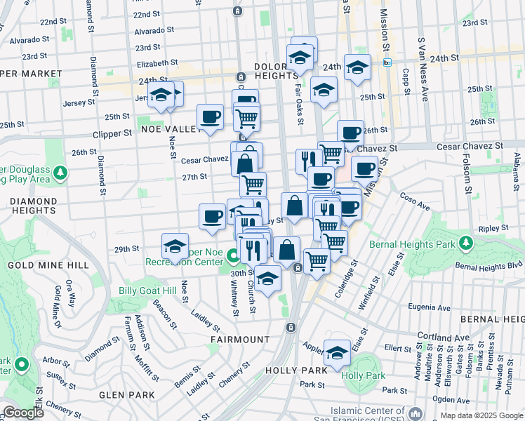 map of restaurants, bars, coffee shops, grocery stores, and more near 121 Valley Street in San Francisco