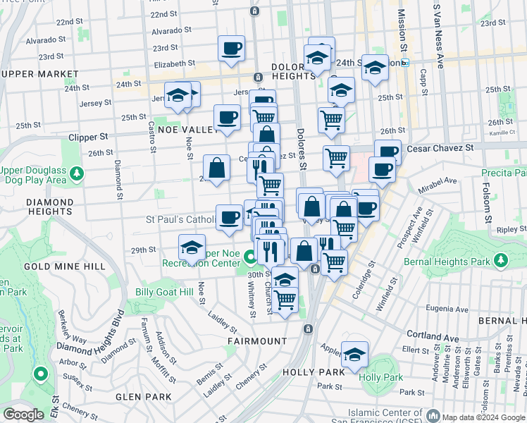 map of restaurants, bars, coffee shops, grocery stores, and more near 1644 Church Street in San Francisco