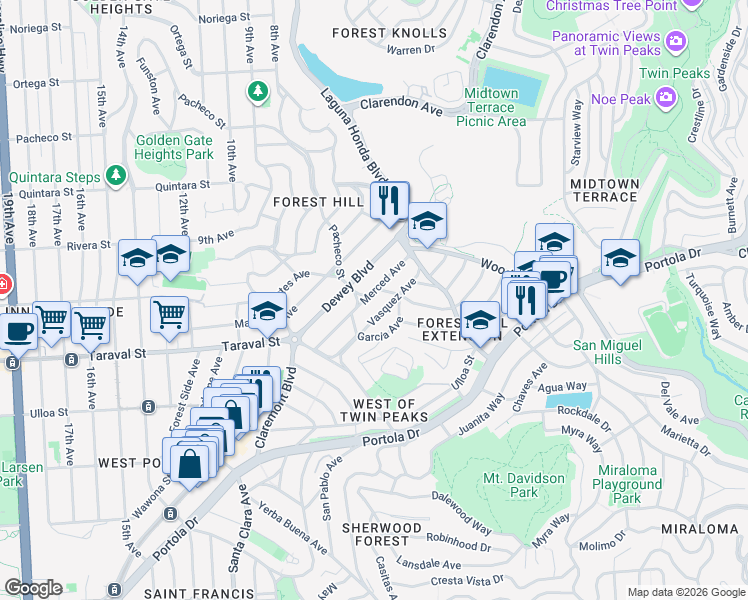map of restaurants, bars, coffee shops, grocery stores, and more near 145 Vasquez Avenue in San Francisco