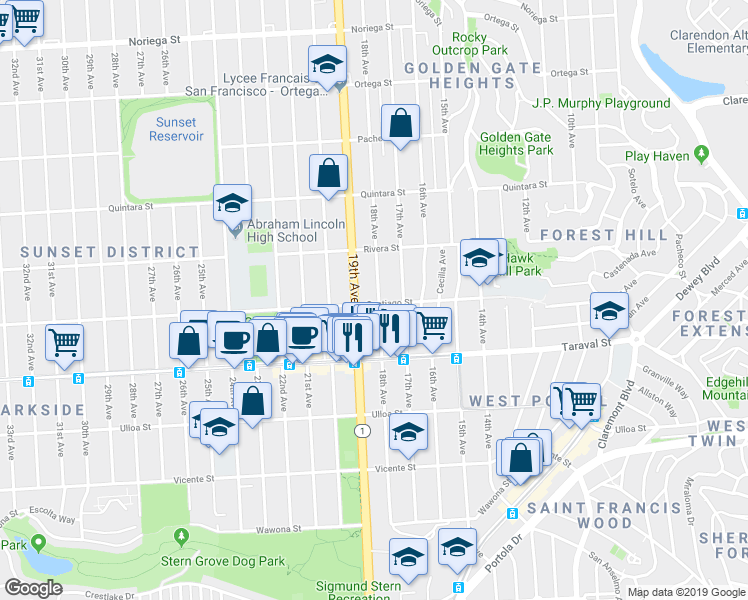 map of restaurants, bars, coffee shops, grocery stores, and more near 2319 18th Avenue in San Francisco