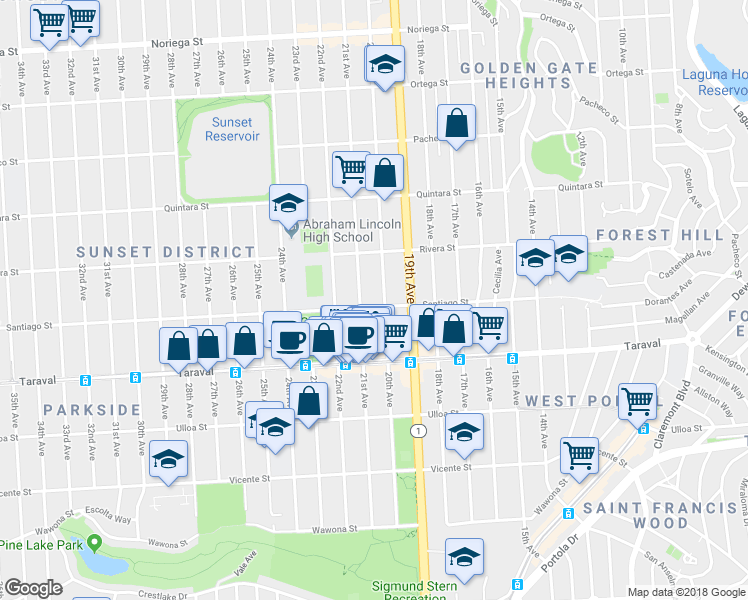 map of restaurants, bars, coffee shops, grocery stores, and more near 2317 21st Avenue in San Francisco