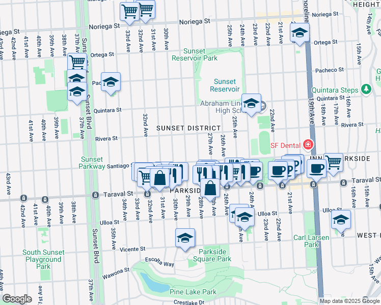 map of restaurants, bars, coffee shops, grocery stores, and more near 2296 28th Avenue in San Francisco