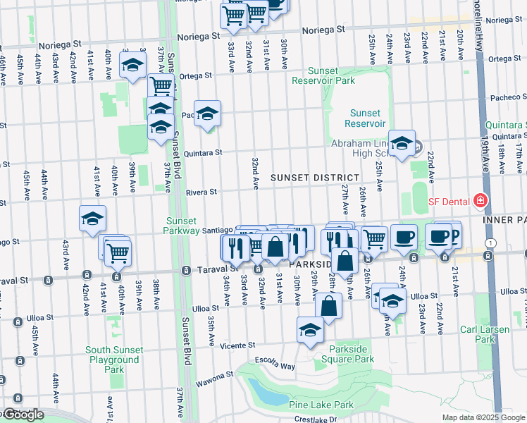 map of restaurants, bars, coffee shops, grocery stores, and more near 2106 Santiago Street in San Francisco