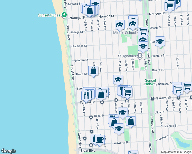 map of restaurants, bars, coffee shops, grocery stores, and more near 2254 45th Avenue in San Francisco