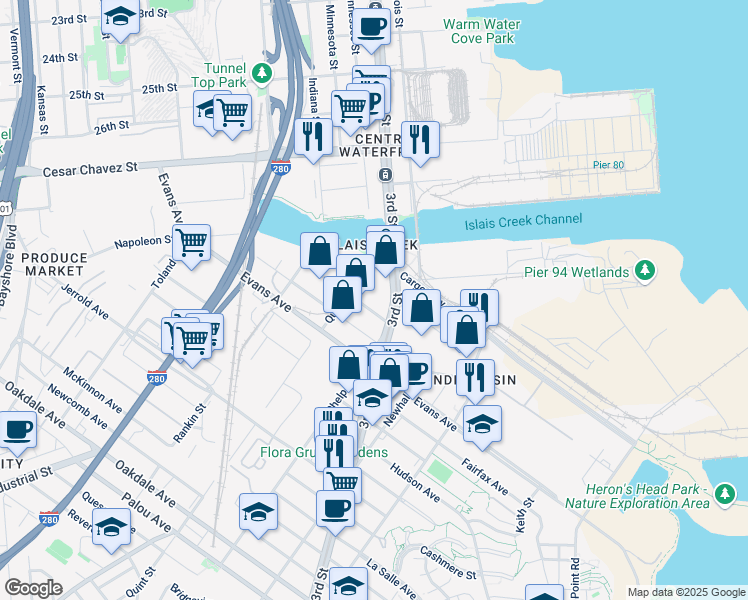 map of restaurants, bars, coffee shops, grocery stores, and more near 3600 3rd Street in San Francisco