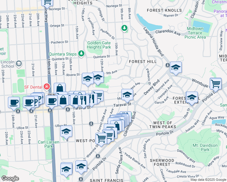 map of restaurants, bars, coffee shops, grocery stores, and more near 365 Dorantes Avenue in San Francisco