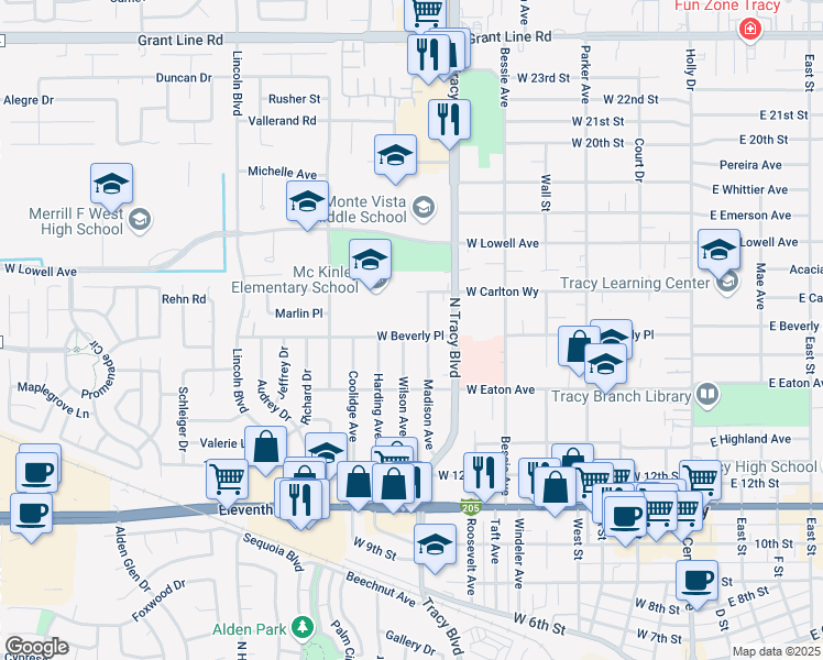 map of restaurants, bars, coffee shops, grocery stores, and more near 725 West Beverly Place in Tracy
