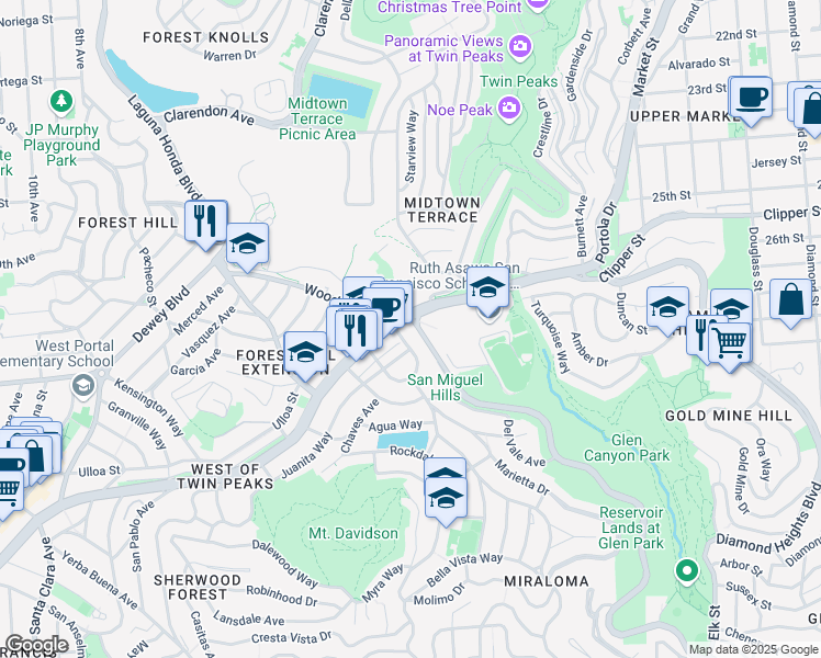 map of restaurants, bars, coffee shops, grocery stores, and more near 59 Teresita Boulevard in San Francisco