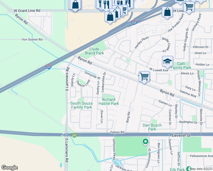 map of restaurants, bars, coffee shops, grocery stores, and more near 2974 Gutierrez Lane in Tracy
