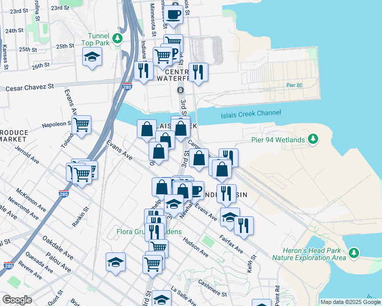 map of restaurants, bars, coffee shops, grocery stores, and more near 1580 Burke Avenue in San Francisco