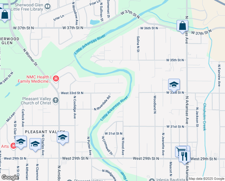 map of restaurants, bars, coffee shops, grocery stores, and more near 1218 West 33rd Street North in Wichita