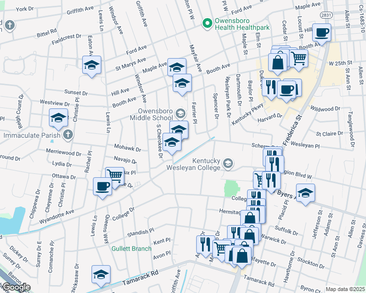 map of restaurants, bars, coffee shops, grocery stores, and more near 2631 South Griffith Avenue in Owensboro