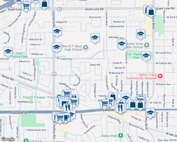 map of restaurants, bars, coffee shops, grocery stores, and more near 1493 Evergreen Court in Tracy