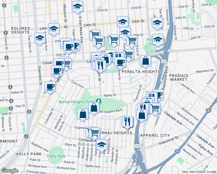 map of restaurants, bars, coffee shops, grocery stores, and more near 145 Ripley Street in San Francisco