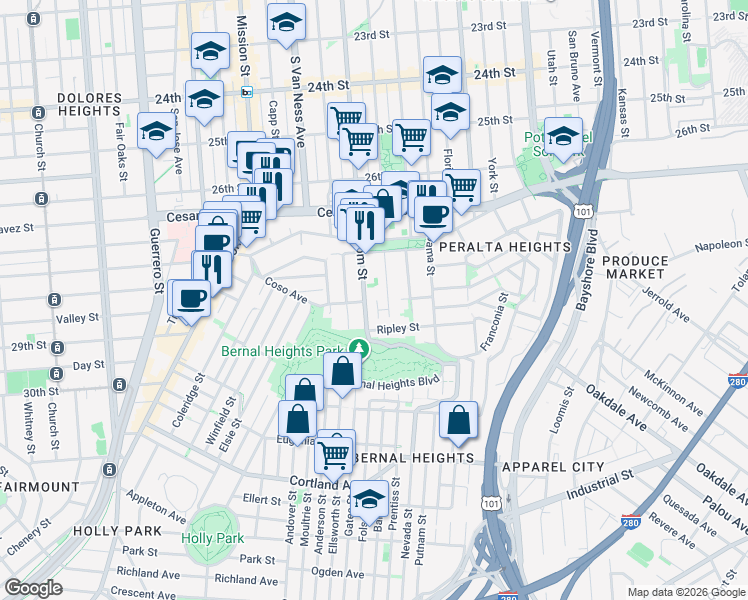 map of restaurants, bars, coffee shops, grocery stores, and more near 3334 Folsom Street in San Francisco