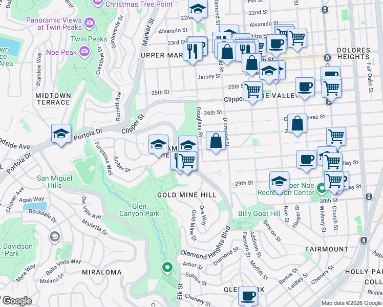 map of restaurants, bars, coffee shops, grocery stores, and more near 5235 Diamond Heights Boulevard in San Francisco