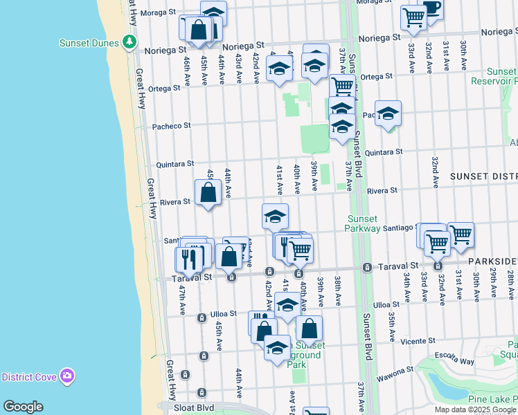 map of restaurants, bars, coffee shops, grocery stores, and more near 2223 42nd Avenue in San Francisco