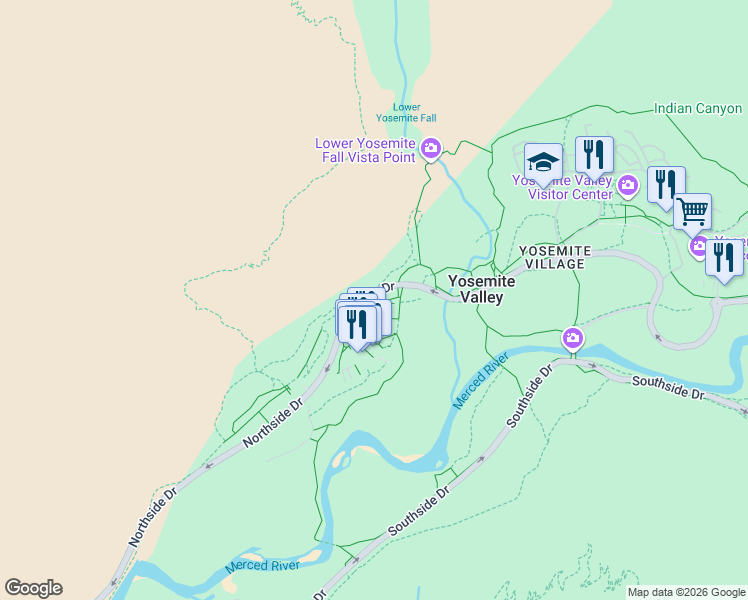 map of restaurants, bars, coffee shops, grocery stores, and more near in Yosemite Valley
