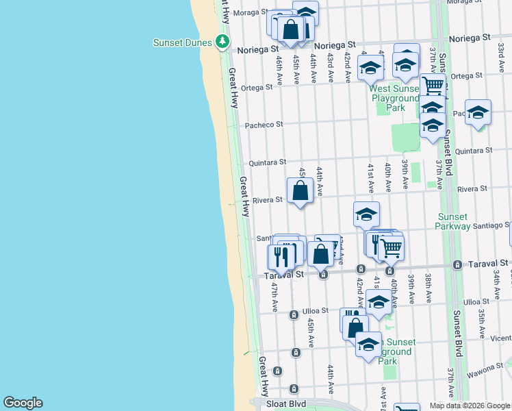 map of restaurants, bars, coffee shops, grocery stores, and more near 2242 48th Avenue in San Francisco