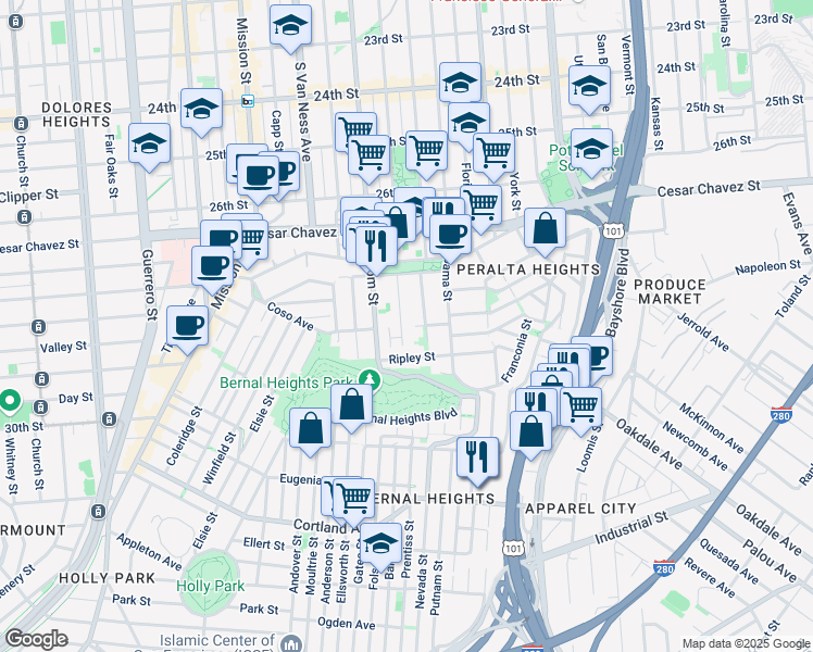 map of restaurants, bars, coffee shops, grocery stores, and more near 145 Ripley Street in San Francisco